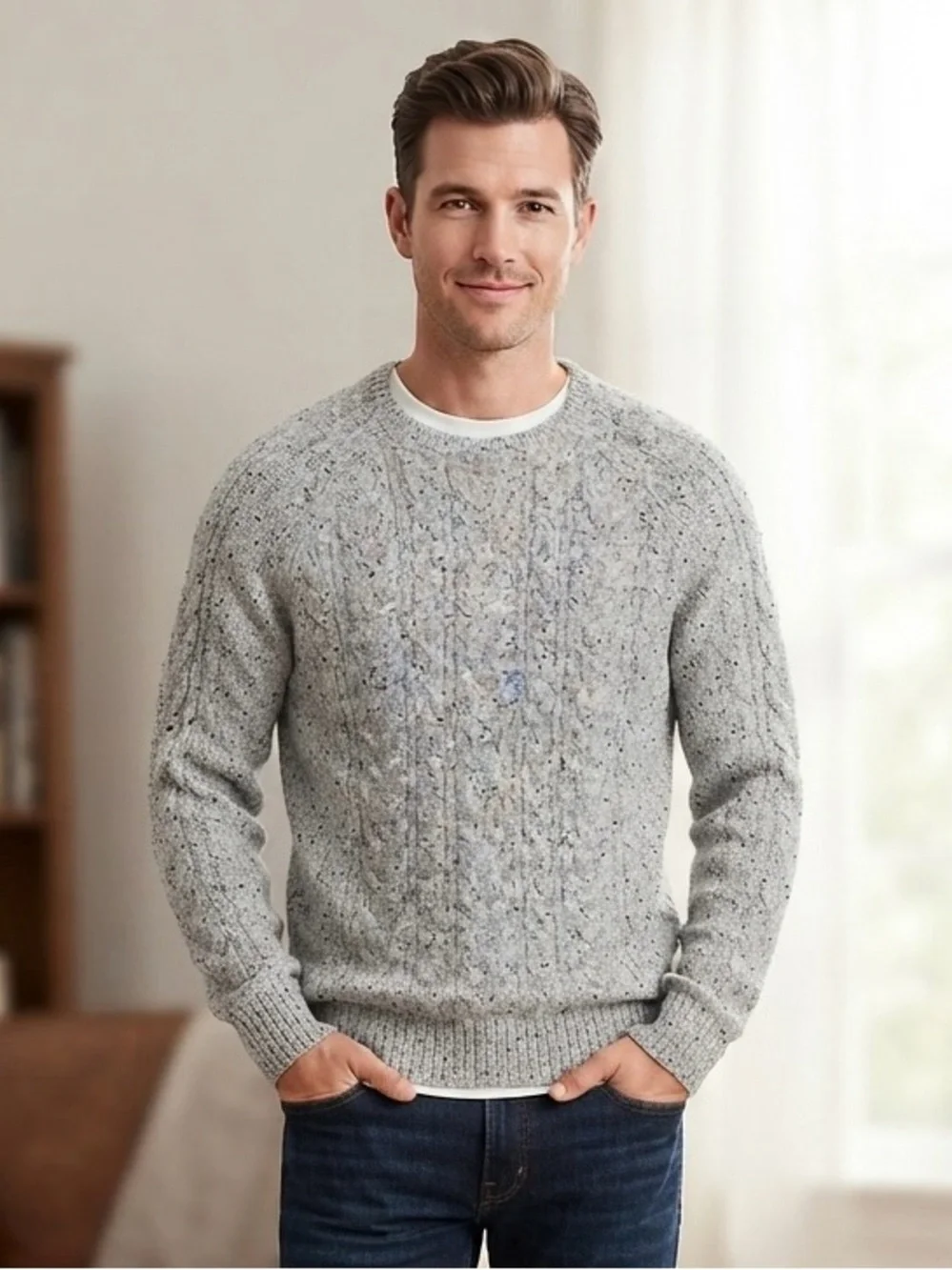Banana Republic Men's Speckled Light Gray Cable Crewneck Sweater